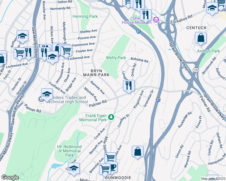 map of restaurants, bars, coffee shops, grocery stores, and more near 306 Mile Square Road in Yonkers