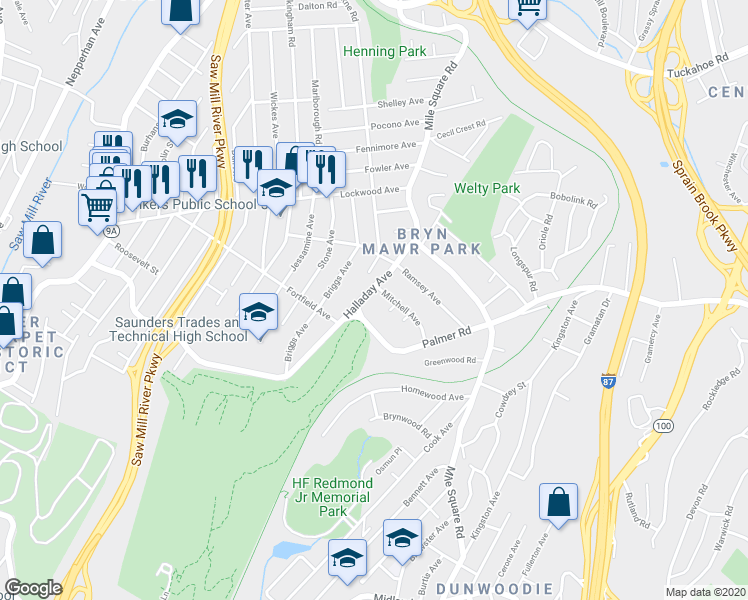 map of restaurants, bars, coffee shops, grocery stores, and more near 57 Halladay Avenue in Yonkers