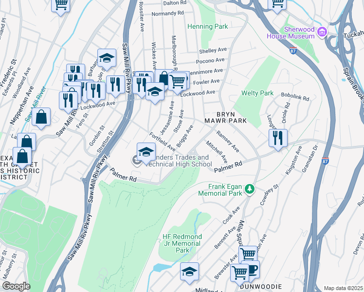 map of restaurants, bars, coffee shops, grocery stores, and more near 103 Briggs Avenue in Yonkers