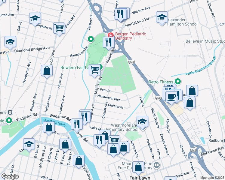 map of restaurants, bars, coffee shops, grocery stores, and more near 22-14 Myrtle Avenue in Fair Lawn
