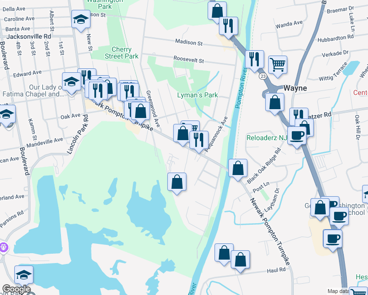 map of restaurants, bars, coffee shops, grocery stores, and more near 60 Newark Pompton Turnpike in Pequannock Township
