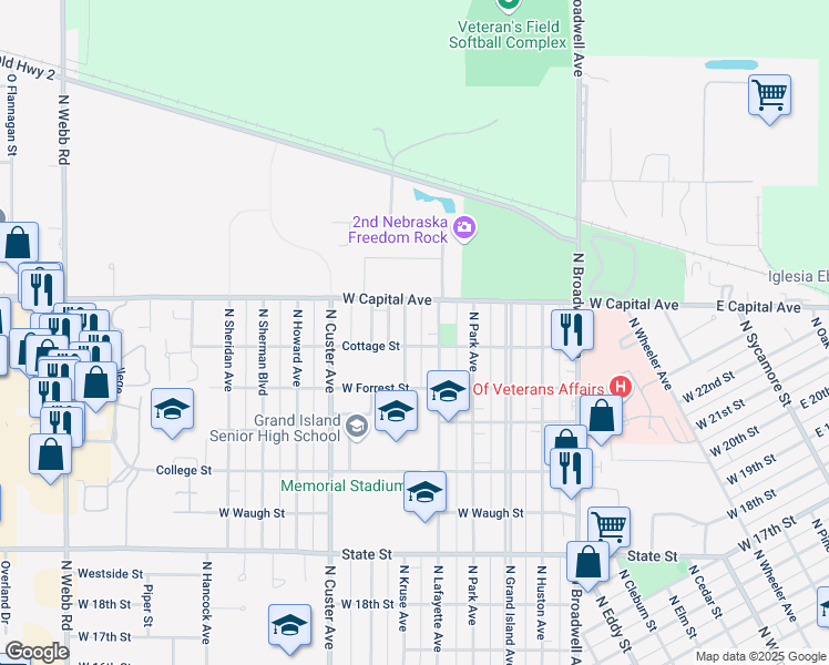map of restaurants, bars, coffee shops, grocery stores, and more near 2431 North Kruse Avenue in Grand Island