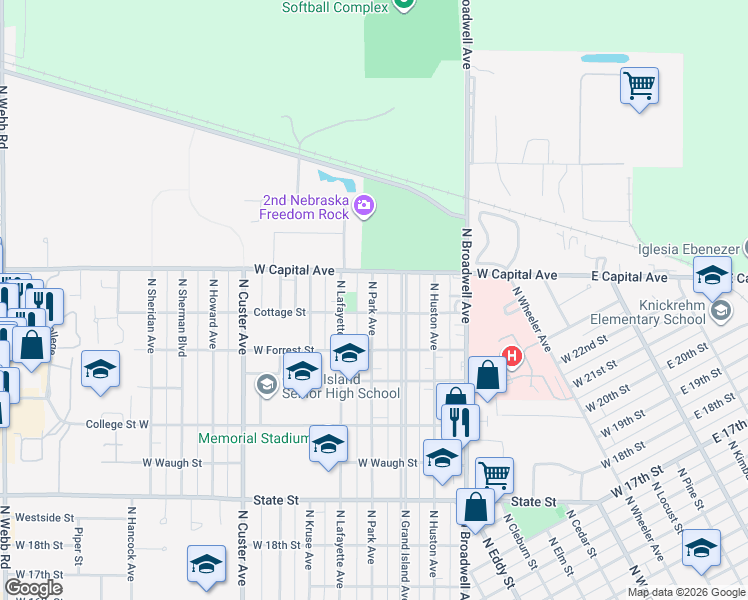 map of restaurants, bars, coffee shops, grocery stores, and more near 2427 North Park Avenue in Grand Island
