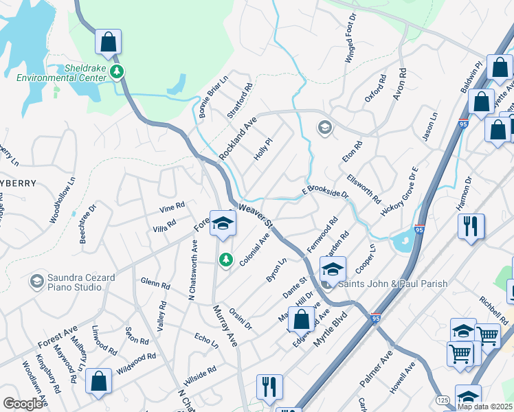 map of restaurants, bars, coffee shops, grocery stores, and more near 707 Forest Avenue in Larchmont