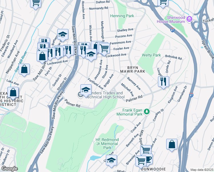 map of restaurants, bars, coffee shops, grocery stores, and more near 103 Briggs Avenue in Yonkers