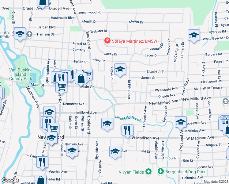 map of restaurants, bars, coffee shops, grocery stores, and more near 226 Sutton Place in New Milford