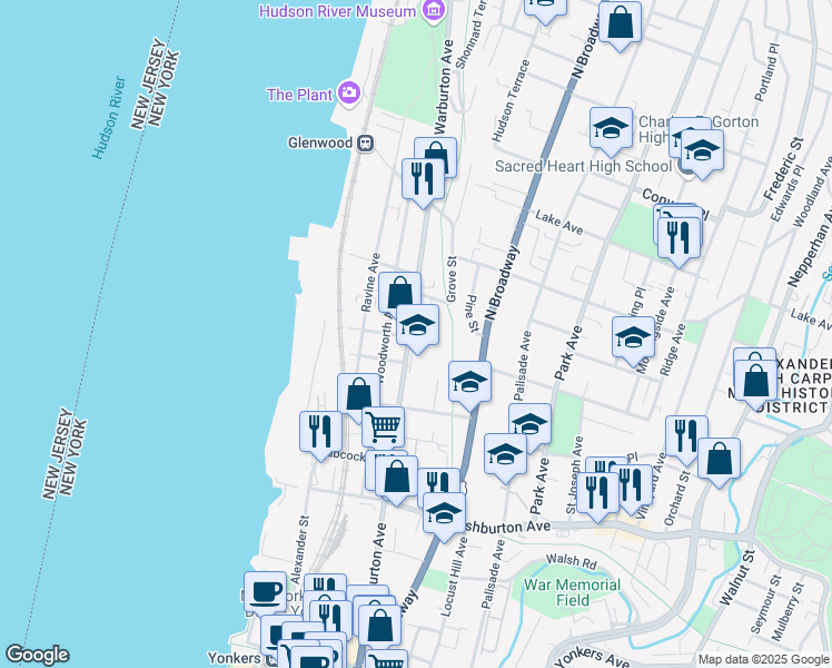 map of restaurants, bars, coffee shops, grocery stores, and more near Halcyon Place in Yonkers