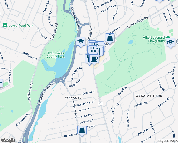 map of restaurants, bars, coffee shops, grocery stores, and more near 1270 County Road 101 in New Rochelle