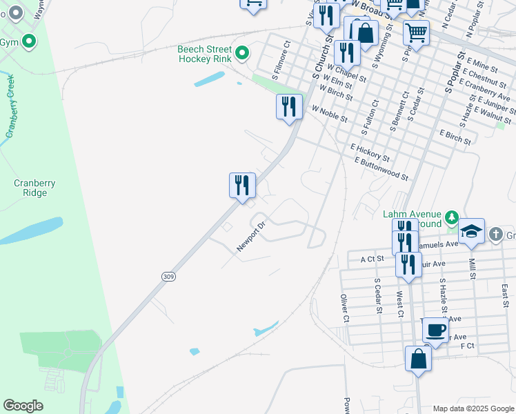 map of restaurants, bars, coffee shops, grocery stores, and more near 154 North Church Street in Hazleton