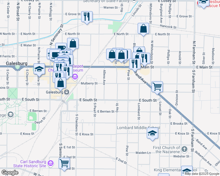 map of restaurants, bars, coffee shops, grocery stores, and more near 850 Mulberry Street in Galesburg