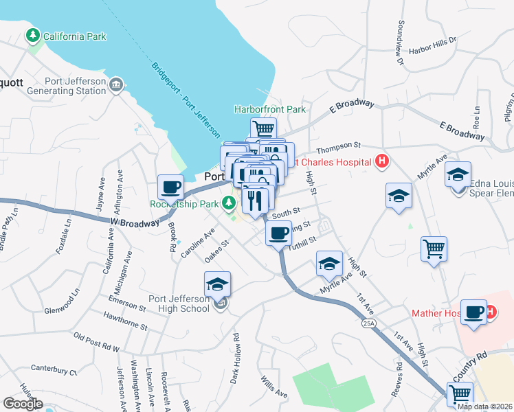 map of restaurants, bars, coffee shops, grocery stores, and more near 227 Main Street in Port Jefferson