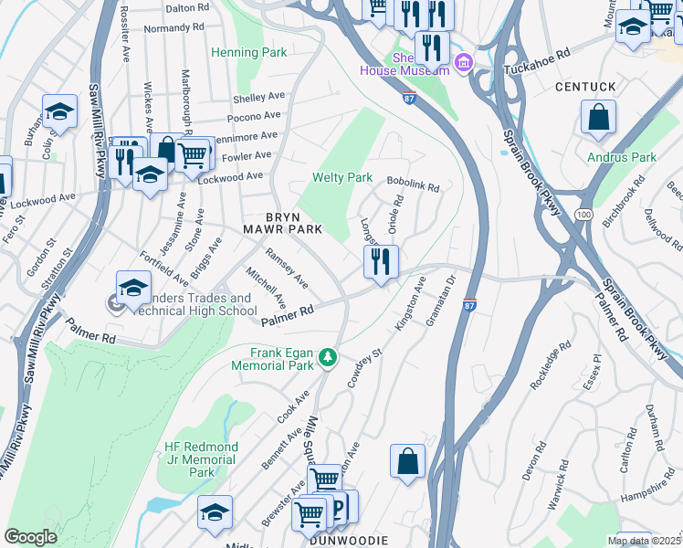 map of restaurants, bars, coffee shops, grocery stores, and more near 25 Bryn Mawr Terrace in Yonkers
