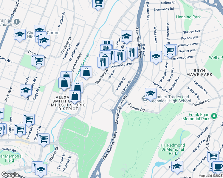 map of restaurants, bars, coffee shops, grocery stores, and more near 34 Palmer Road in Yonkers