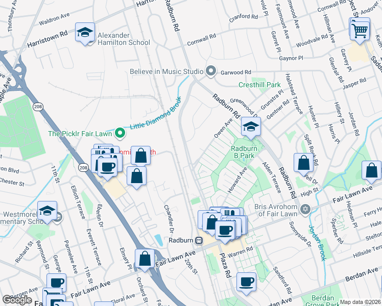 map of restaurants, bars, coffee shops, grocery stores, and more near 361 Plaza Road North in Fair Lawn