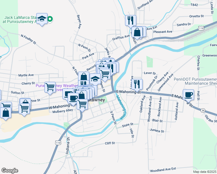 map of restaurants, bars, coffee shops, grocery stores, and more near 207 Hampton Avenue in Punxsutawney