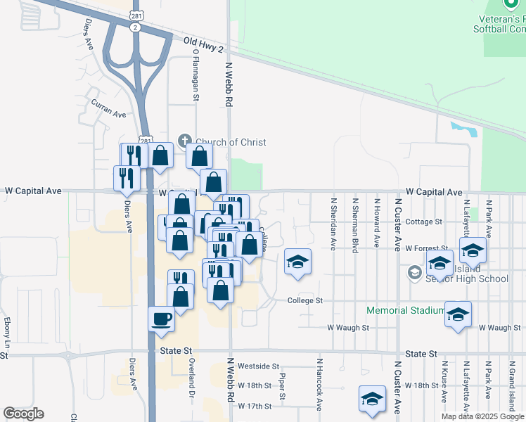map of restaurants, bars, coffee shops, grocery stores, and more near 3027 West Capital Avenue in Grand Island