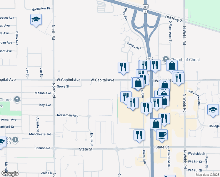map of restaurants, bars, coffee shops, grocery stores, and more near 3721 West Capital Avenue in Grand Island