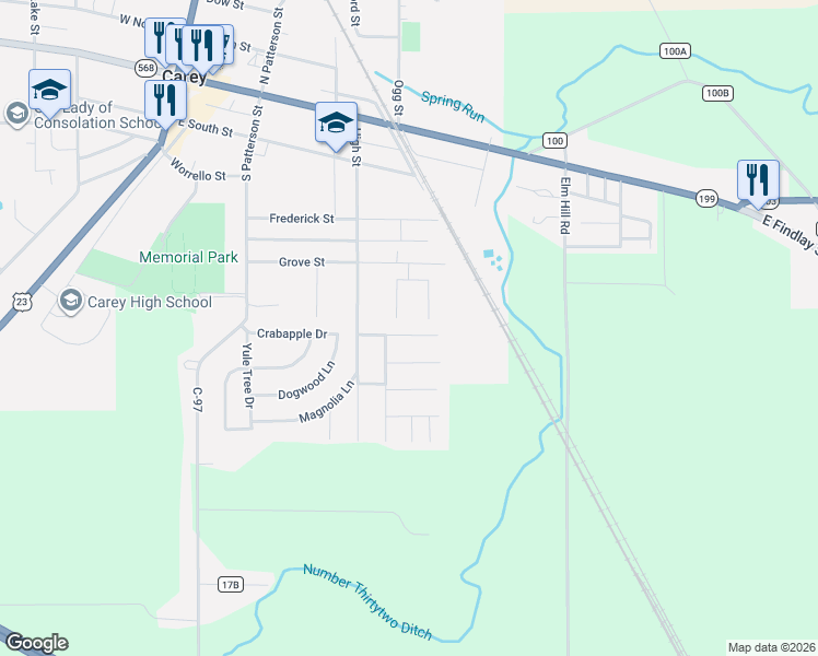 map of restaurants, bars, coffee shops, grocery stores, and more near 124 East Chris Street in Carey