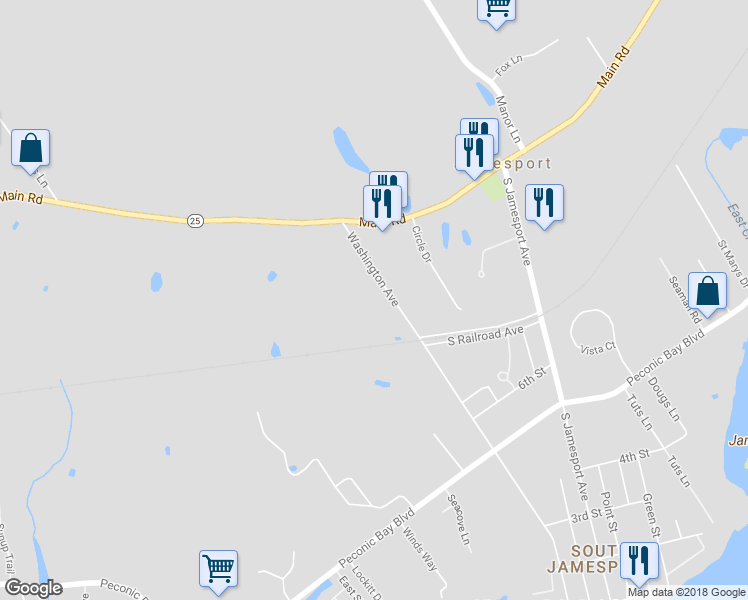 map of restaurants, bars, coffee shops, grocery stores, and more near 265 Washington Avenue in Riverhead