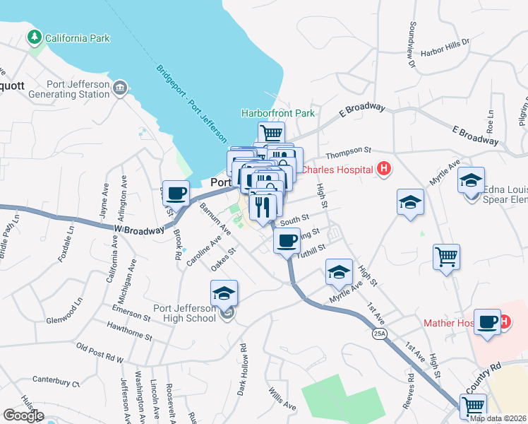 map of restaurants, bars, coffee shops, grocery stores, and more near 210 Main Street in Port Jefferson