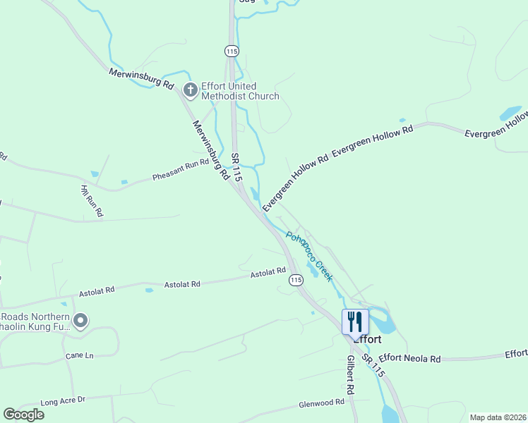 map of restaurants, bars, coffee shops, grocery stores, and more near Evergreen Hollow Rd in Effort