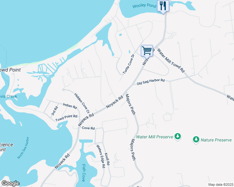 map of restaurants, bars, coffee shops, grocery stores, and more near 10 Old Orchard Road in Southampton