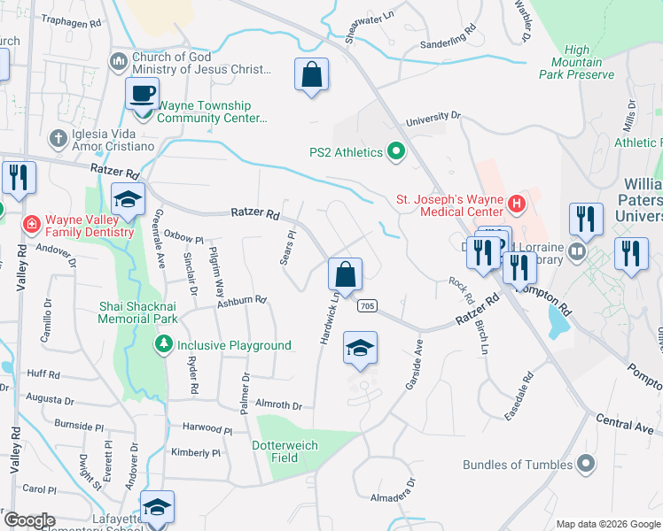 map of restaurants, bars, coffee shops, grocery stores, and more near 1539 County Road 705 in Wayne