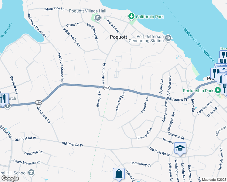 map of restaurants, bars, coffee shops, grocery stores, and more near 801 Main Street in Port Jefferson