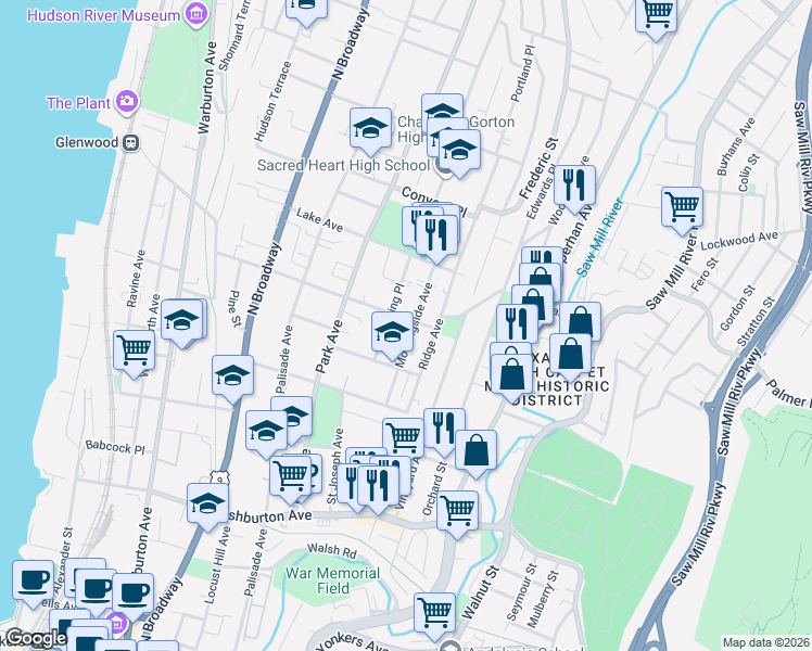 map of restaurants, bars, coffee shops, grocery stores, and more near 66 Waring Place in Yonkers