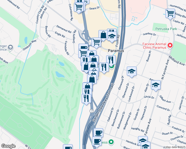 map of restaurants, bars, coffee shops, grocery stores, and more near 2 Powers Drive in Paramus