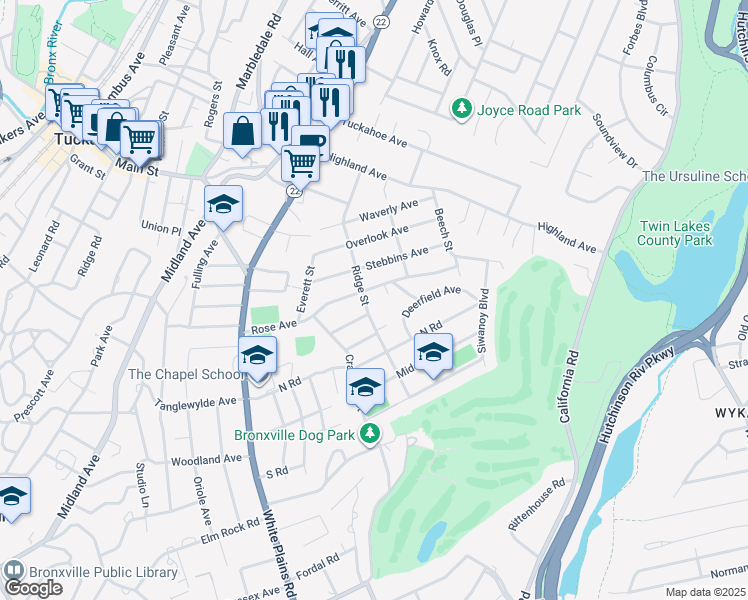 map of restaurants, bars, coffee shops, grocery stores, and more near 64 Rose Avenue in Eastchester