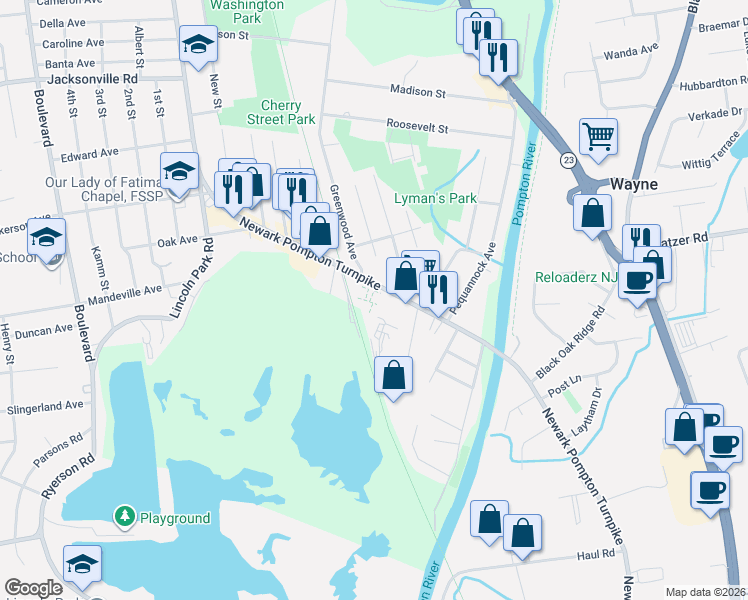 map of restaurants, bars, coffee shops, grocery stores, and more near 8 Newark Pompton Turnpike in Pequannock Township