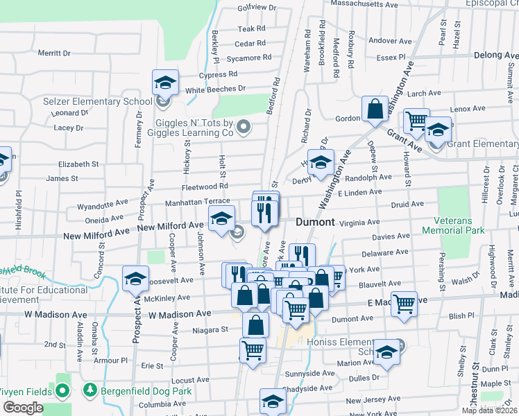 map of restaurants, bars, coffee shops, grocery stores, and more near 24 Sunset Street in Dumont