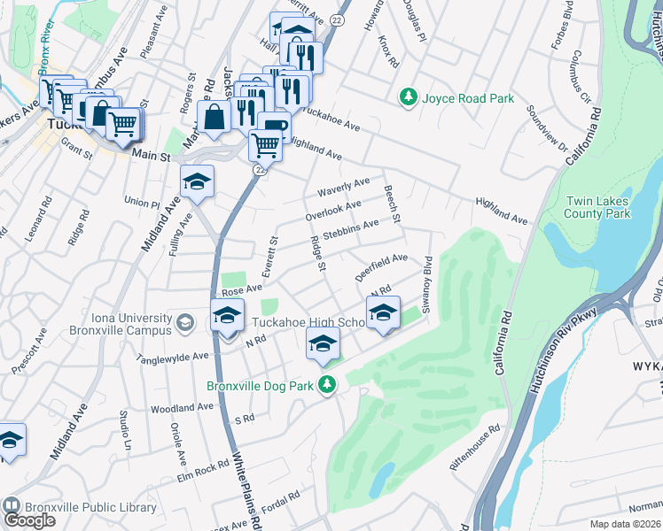 map of restaurants, bars, coffee shops, grocery stores, and more near 64 Rose Avenue in Eastchester