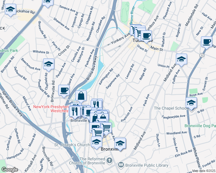 map of restaurants, bars, coffee shops, grocery stores, and more near 61 Sagamore Road in Bronxville