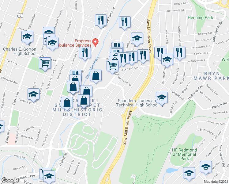 map of restaurants, bars, coffee shops, grocery stores, and more near 34 Palmer Road in Yonkers