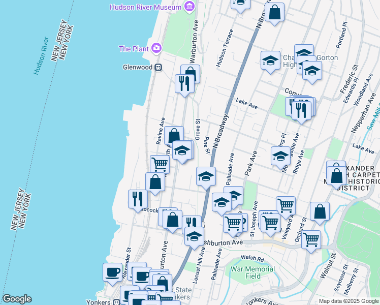 map of restaurants, bars, coffee shops, grocery stores, and more near 22 Wicker Street in Yonkers