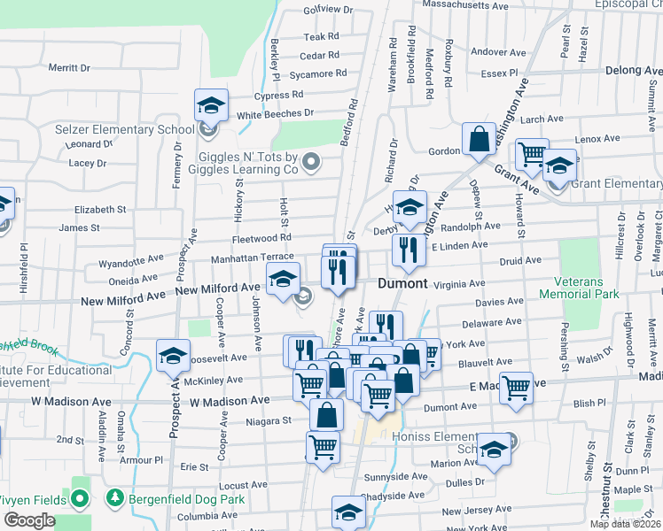 map of restaurants, bars, coffee shops, grocery stores, and more near 24 Sunset Street in Dumont