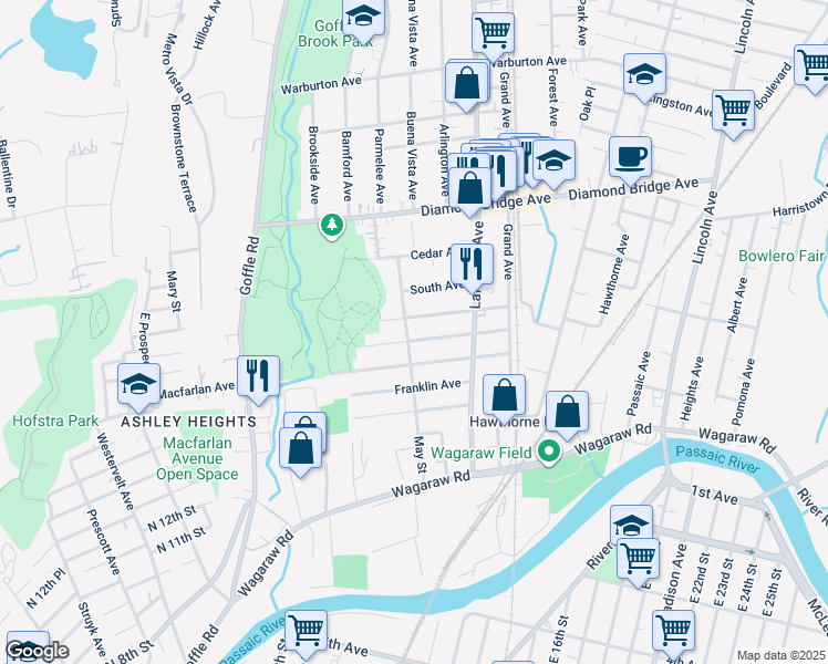 map of restaurants, bars, coffee shops, grocery stores, and more near 136 May Street in Hawthorne
