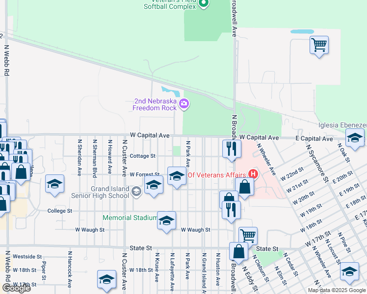 map of restaurants, bars, coffee shops, grocery stores, and more near 2401-2421 N Lafayette Ave in Grand Island