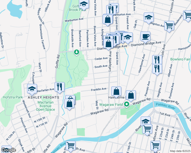 map of restaurants, bars, coffee shops, grocery stores, and more near 136 May Street in Hawthorne