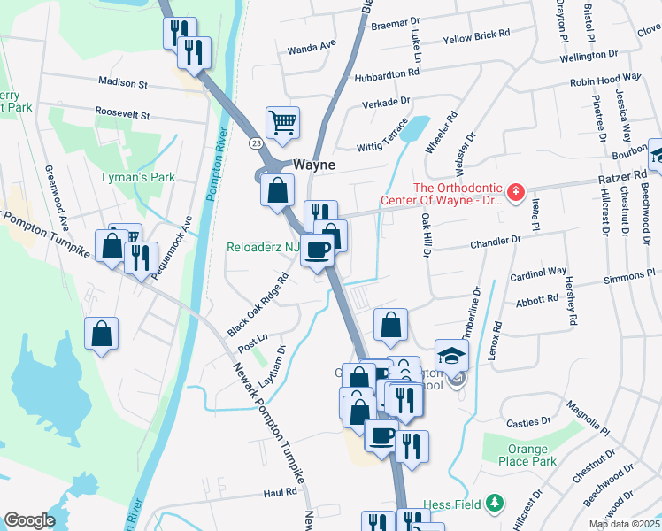 map of restaurants, bars, coffee shops, grocery stores, and more near 1800 New Jersey 23 in Wayne