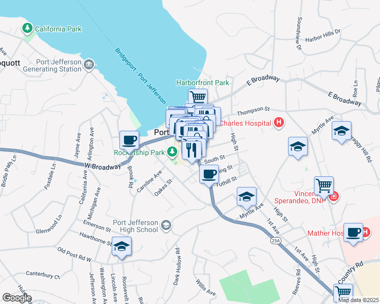 map of restaurants, bars, coffee shops, grocery stores, and more near 227 Main Street in Port Jefferson
