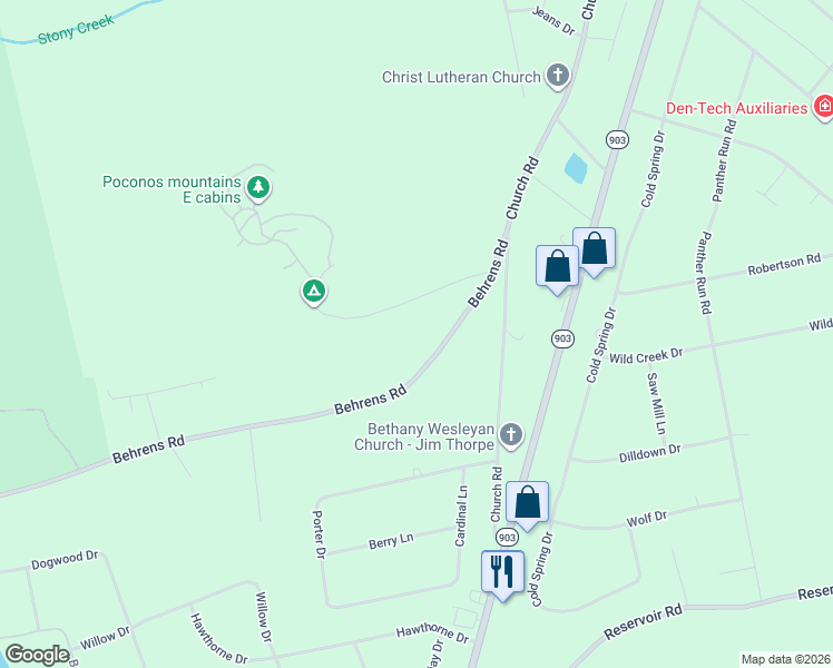 map of restaurants, bars, coffee shops, grocery stores, and more near 675 Behrens Rd in Jim Thorpe