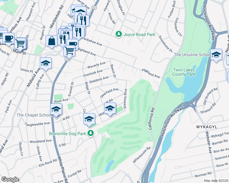 map of restaurants, bars, coffee shops, grocery stores, and more near 32 Deerfield Avenue in Eastchester