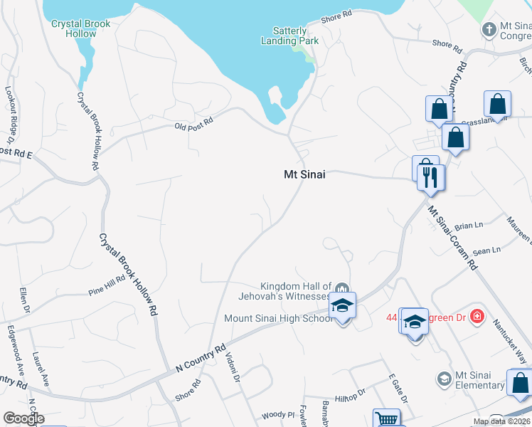 map of restaurants, bars, coffee shops, grocery stores, and more near 94 Shore Road in Mount Sinai