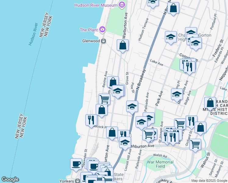 map of restaurants, bars, coffee shops, grocery stores, and more near 277 Warburton Avenue in Yonkers