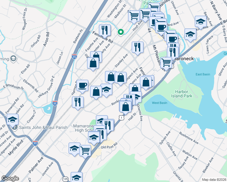 map of restaurants, bars, coffee shops, grocery stores, and more near 715 Prospect Avenue in Mamaroneck