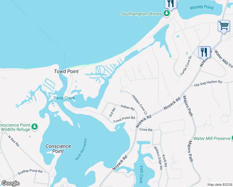 map of restaurants, bars, coffee shops, grocery stores, and more near 64 Hidden Cove Court in Southampton