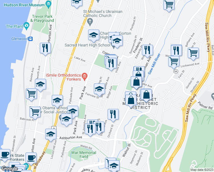 map of restaurants, bars, coffee shops, grocery stores, and more near 217 Ridge Avenue in Yonkers